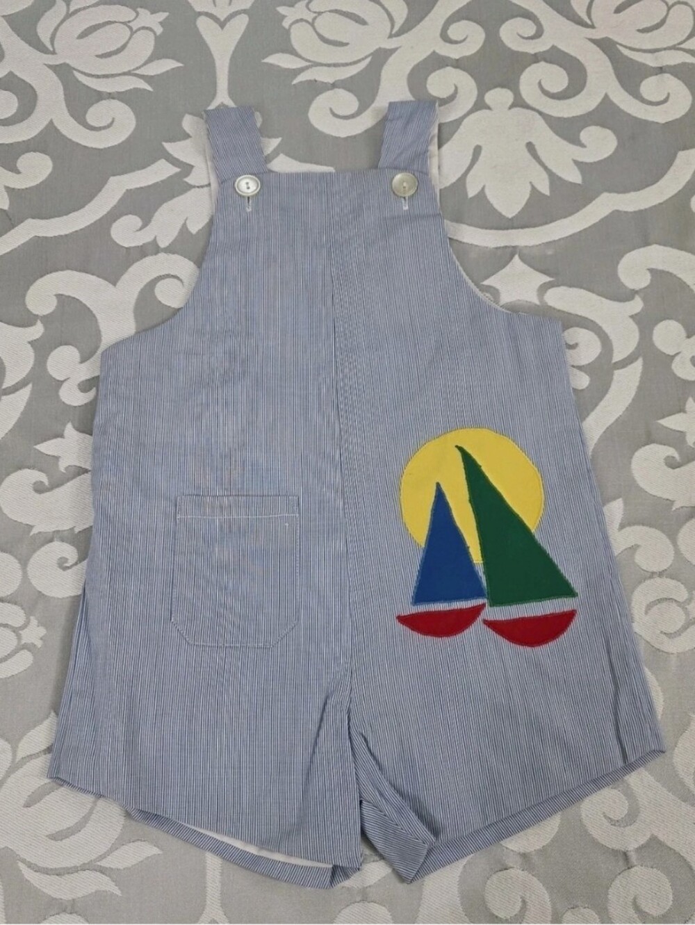 Vintage Samara Romper Jon Jon 4T Blue White Seersucker Romper Boat Appliqué New